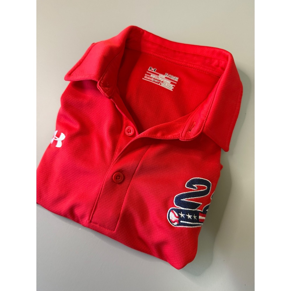 Under Armour Mens XL Red HeatGear Polo Shirt Baseball 22 Patriotic Loose Fit